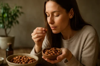 Žena vychutnávajúca si horké mandle v príjemnom prostredí.