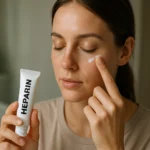 Žena aplikuje heparínový krém na tvár pre lepšiu starostlivosť o pleť.