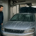 Muž sleduje automatickú autoumyváreň pri umývaní auta.