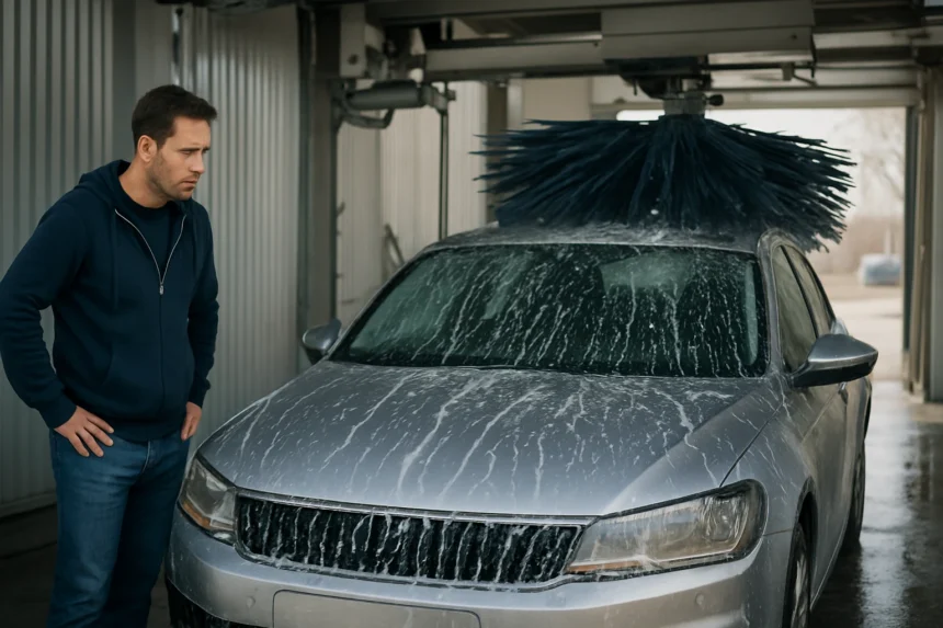 Muž sleduje automatickú autoumyváreň pri umývaní auta.