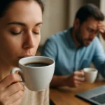 Žena s kávou a muž so stresom sedí pri stole.