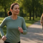 Žena cvičí rýchlu chôdzu v parku na zlepšenie zdravia