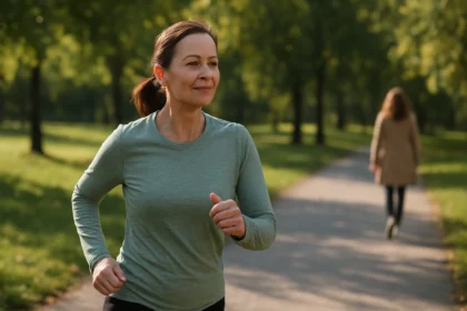 Žena cvičí rýchlu chôdzu v parku na zlepšenie zdravia