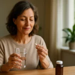 Žena drží pohár s vodou a tabletku citrátu horečnatého.