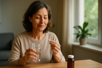 Žena drží pohár s vodou a tabletku citrátu horečnatého.