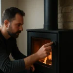 Muži nastavujúci regulátor ťahu na krbe pre optimálne vykurovanie.