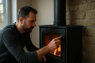 Muži nastavujúci regulátor ťahu na krbe pre optimálne vykurovanie.