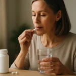 Žena berie doplnok vápnika citrátu s pohárom vody.