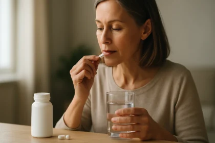 Žena berie doplnok vápnika citrátu s pohárom vody.