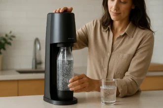 Žena pripravuje perlivú vodu pomocou SodaStreamu doma.