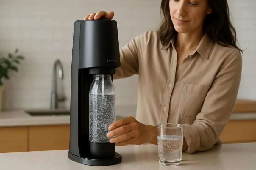 Žena pripravuje perlivú vodu pomocou SodaStreamu doma.