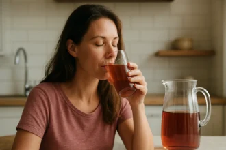 Žena pije vodu s obsahom železa pre zlepšenie zdravia.