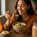 Žena si užíva jedlo s tekvicovou múkou v kuchyni