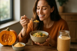 Žena si užíva jedlo s tekvicovou múkou v kuchyni