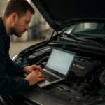 Mechanik analyzuje motor s CRDI pomocou počítača.