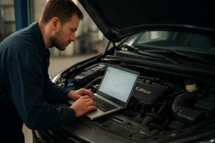 Mechanik analyzuje motor s CRDI pomocou počítača.