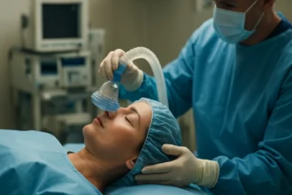 Zdravotnícky pracovník podáva anestetikum pacientke pred zákrokom.