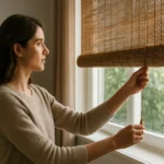 Žena ovláda bambusovú roletu v modernom interiéri