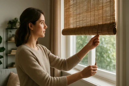 Žena ovláda bambusovú roletu v modernom interiéri