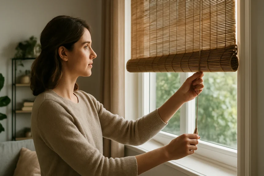Žena ovláda bambusovú roletu v modernom interiéri