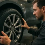 Mechanik kontroluje pneumatiky s ochranou ráfika na aute.