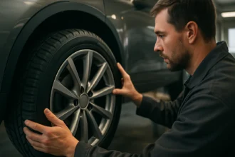 Mechanik kontroluje pneumatiky s ochranou ráfika na aute.