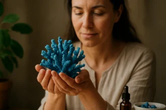 Žena drží modrý koral, ktorý symbolizuje liečivú silu prírodných riešení.