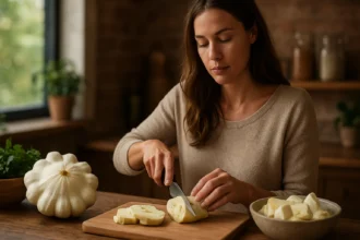 Žena krája patizón v kuchyni s zeleninou a prísadami okolo.