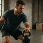 Muž cviči s kettlebellom v modernom fitnes štúdiu.