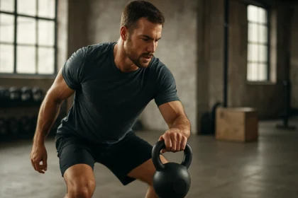 Muž cviči s kettlebellom v modernom fitnes štúdiu.