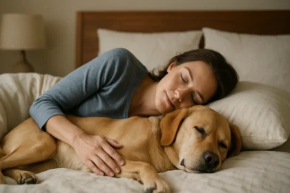 Žena spí s psom v posteli, užívajú si pokojný čas spánku.