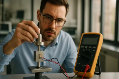 Muž skúma silomer s tenzometrom a multimetrickým prístrojom