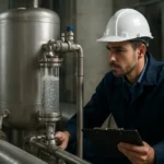 Technik kontroluje mikrobublinkový odlučovač v priemyselnom prostredí