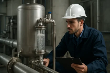 Technik kontroluje mikrobublinkový odlučovač v priemyselnom prostredí