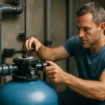 Muž nastavuje pieskový filter s prepínacím ventilom na čistenie vody.