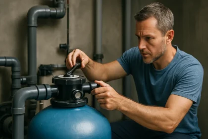 Muž nastavuje pieskový filter s prepínacím ventilom na čistenie vody.
