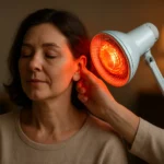 Žena relaxuje pri infračervenej lampe na zlepšenie zdravia uší.
