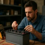 Muž meria hodnoty olovených batérií s multimetrom