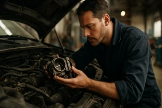 Mechanik kontroluje škrtiacu klapku automobilu pre optimálny výkon