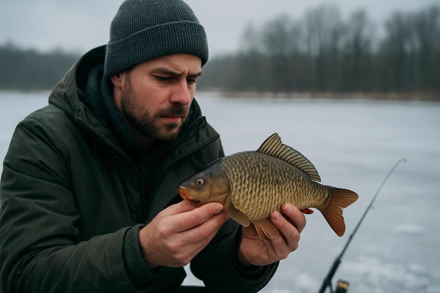 Rybár skúma kapra na zimnej vode po studenom fronte.