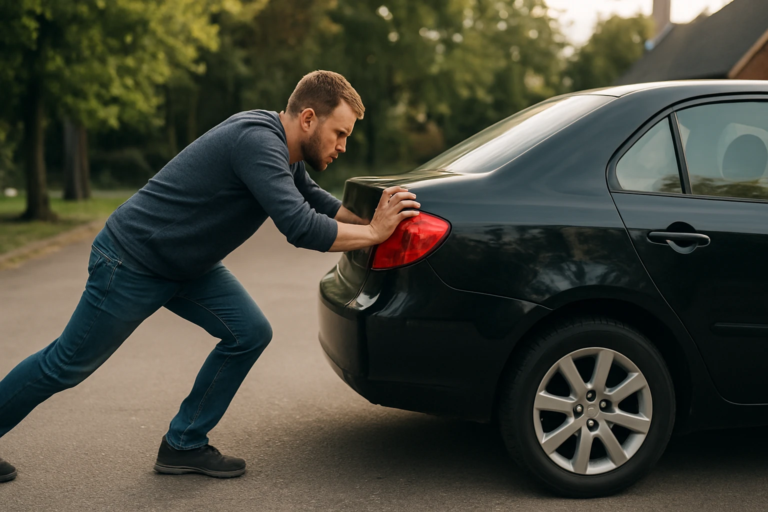 Muž tlačí čierne auto, ilustrujúce koncept zotrvačnosti v pohybe.