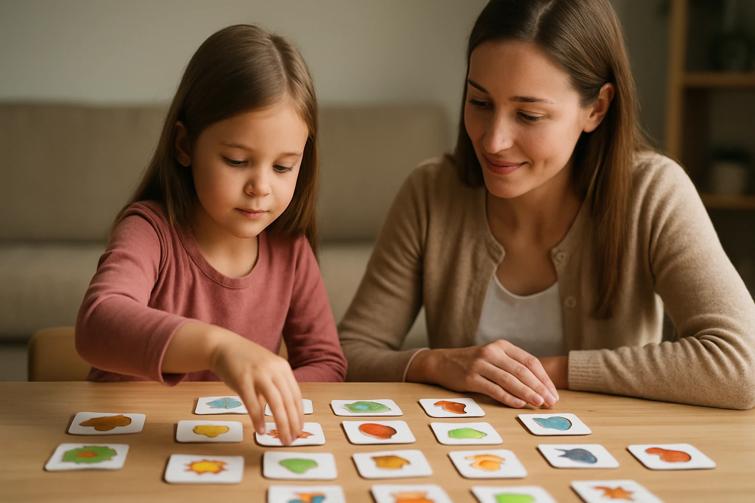 Dieťa a dospelý hrajú pamäťovú hru na rozvoj pamäte