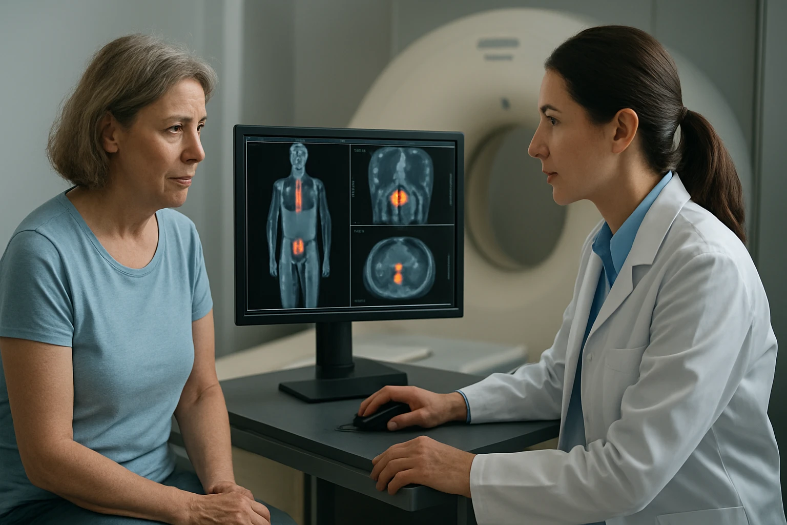 Žena počas vyšetrenia PET-CT s lekárom, diskutujú o diagnóze.