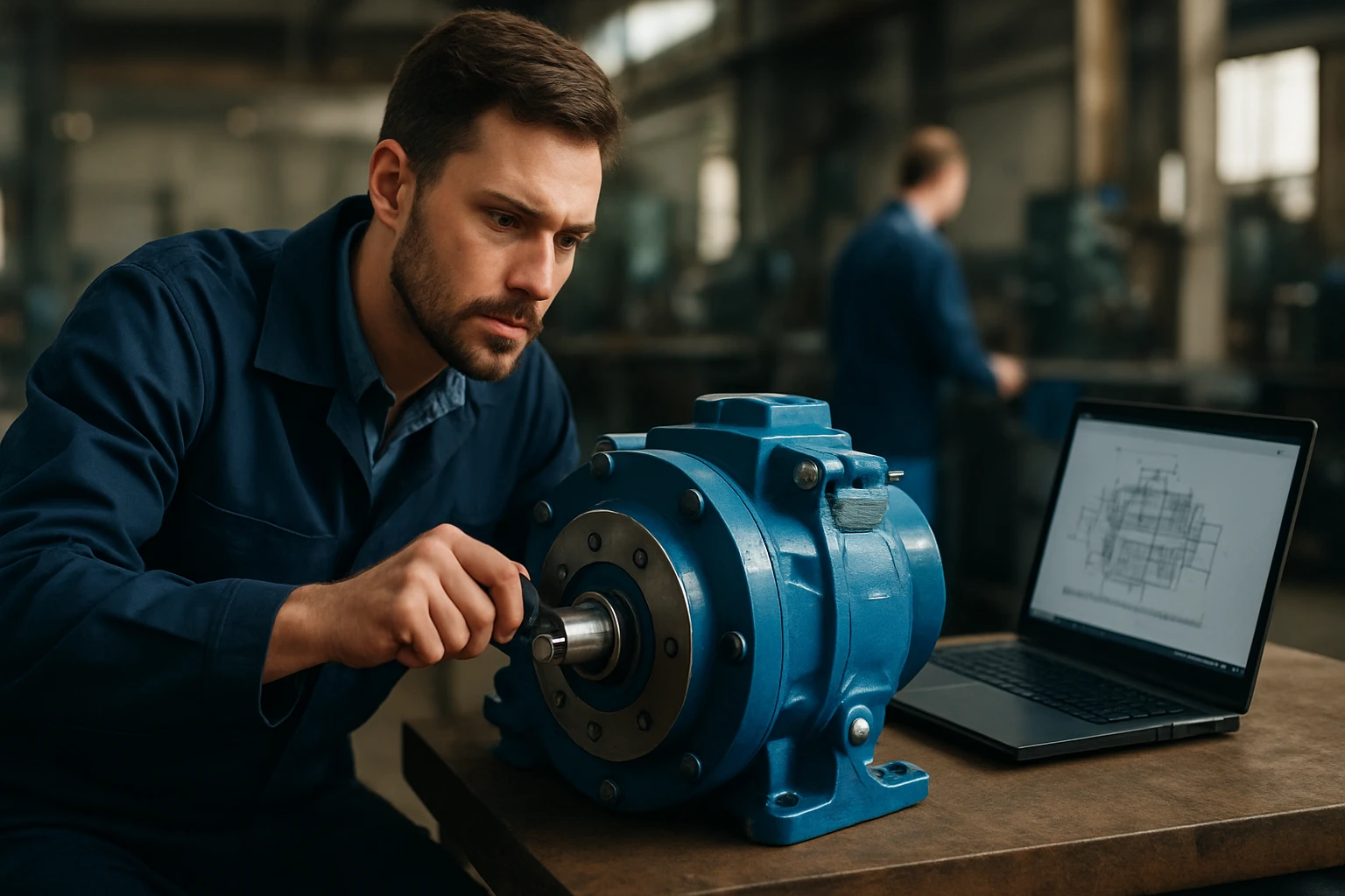 Mechanik kontroluje hydromotor v dielni s technickým výkresom.