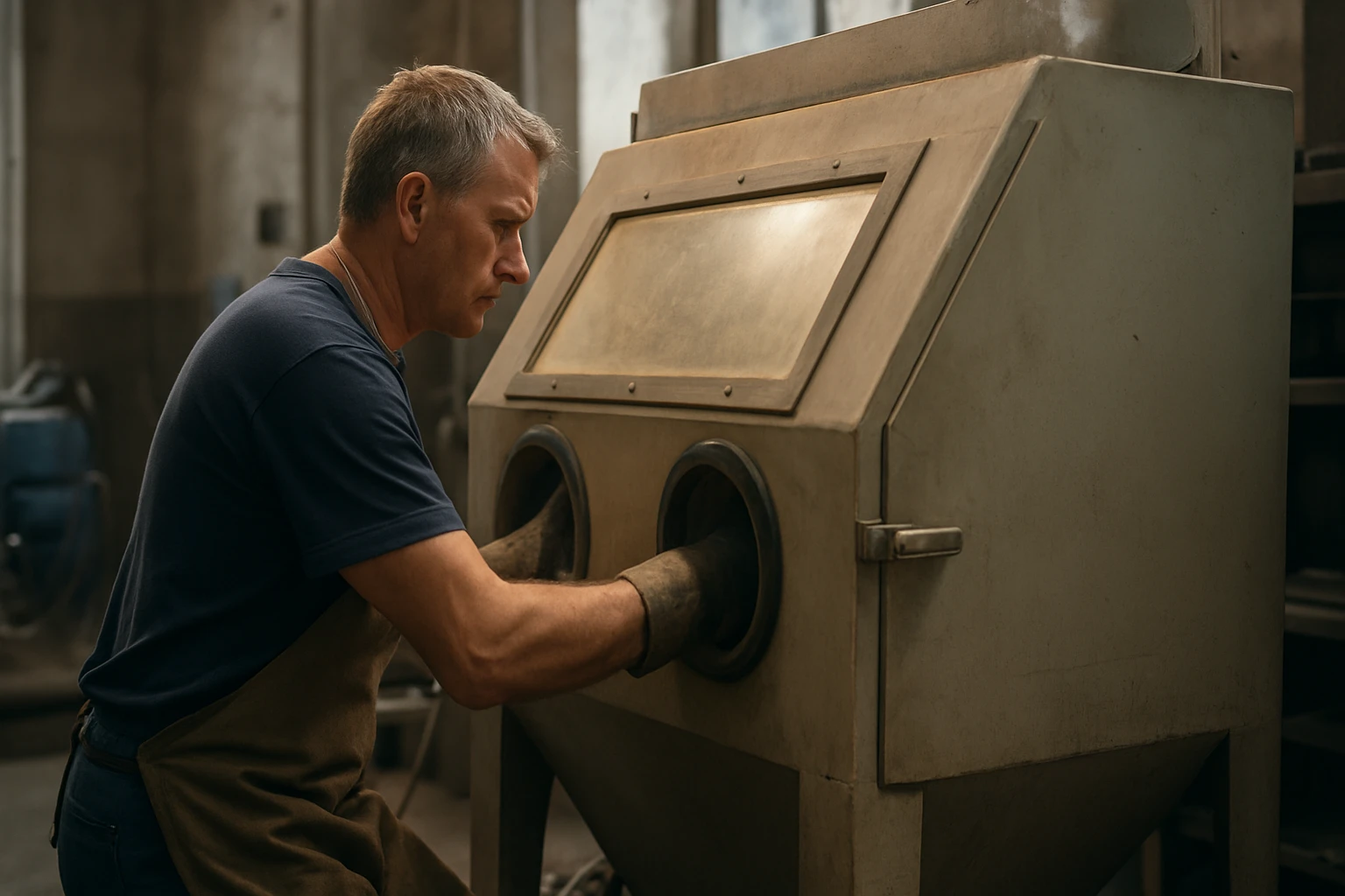 Pracovník pri pieskovacej kabíne, bezpečné a efektívne použitie