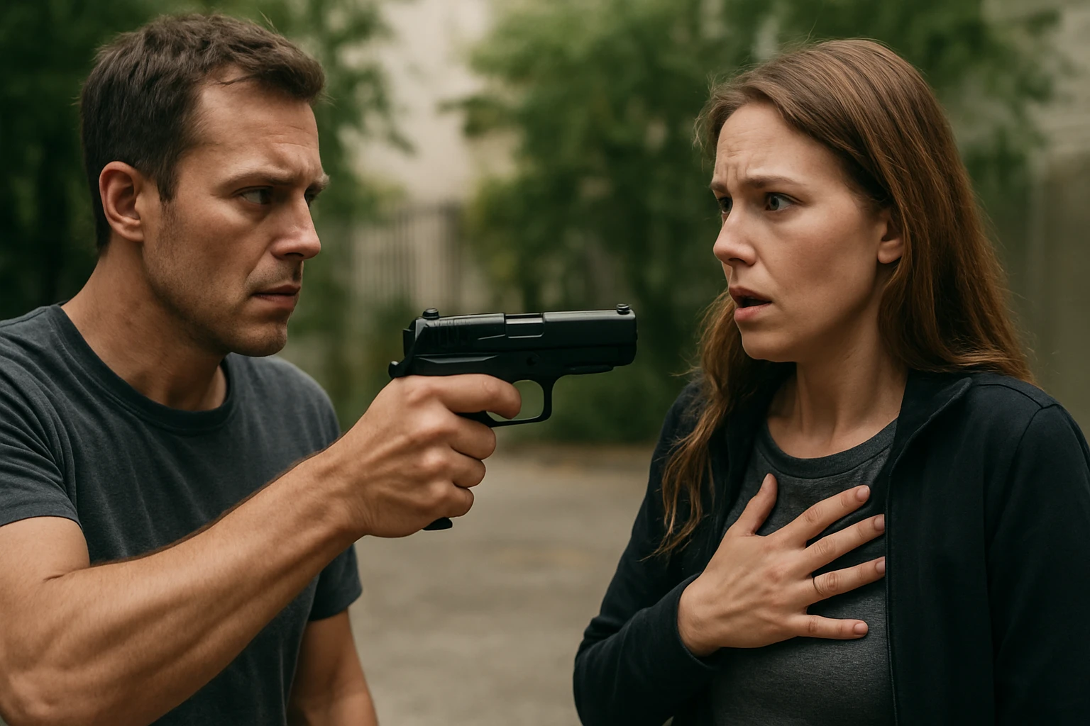 Muž s poplašnou pištoľou smeruje na ženu, vyjadruje napätie.