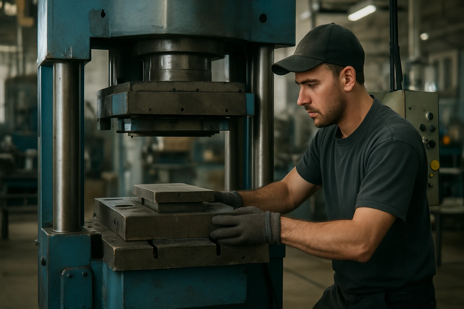 Pracovník obsluhujúci lisovací stroj na kovové komponenty v dielni.