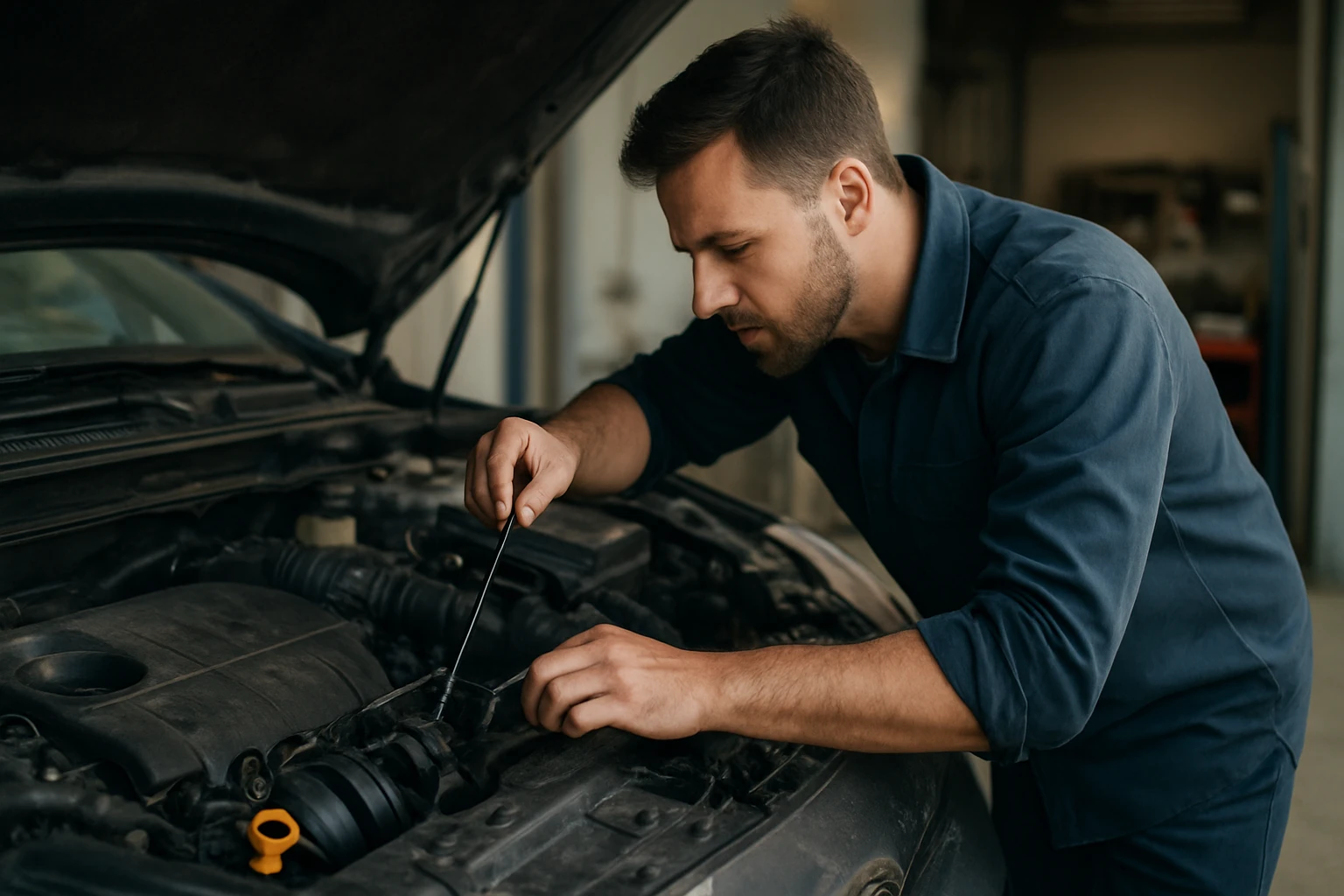 Muž kontroluje úroveň oleja v benzínovom motore auta.