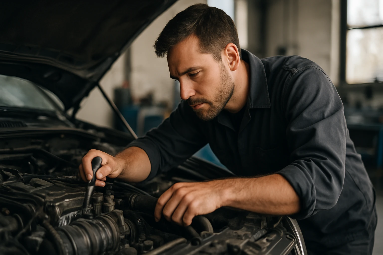 Mechanik kontroluje motor auta s nástrojom.