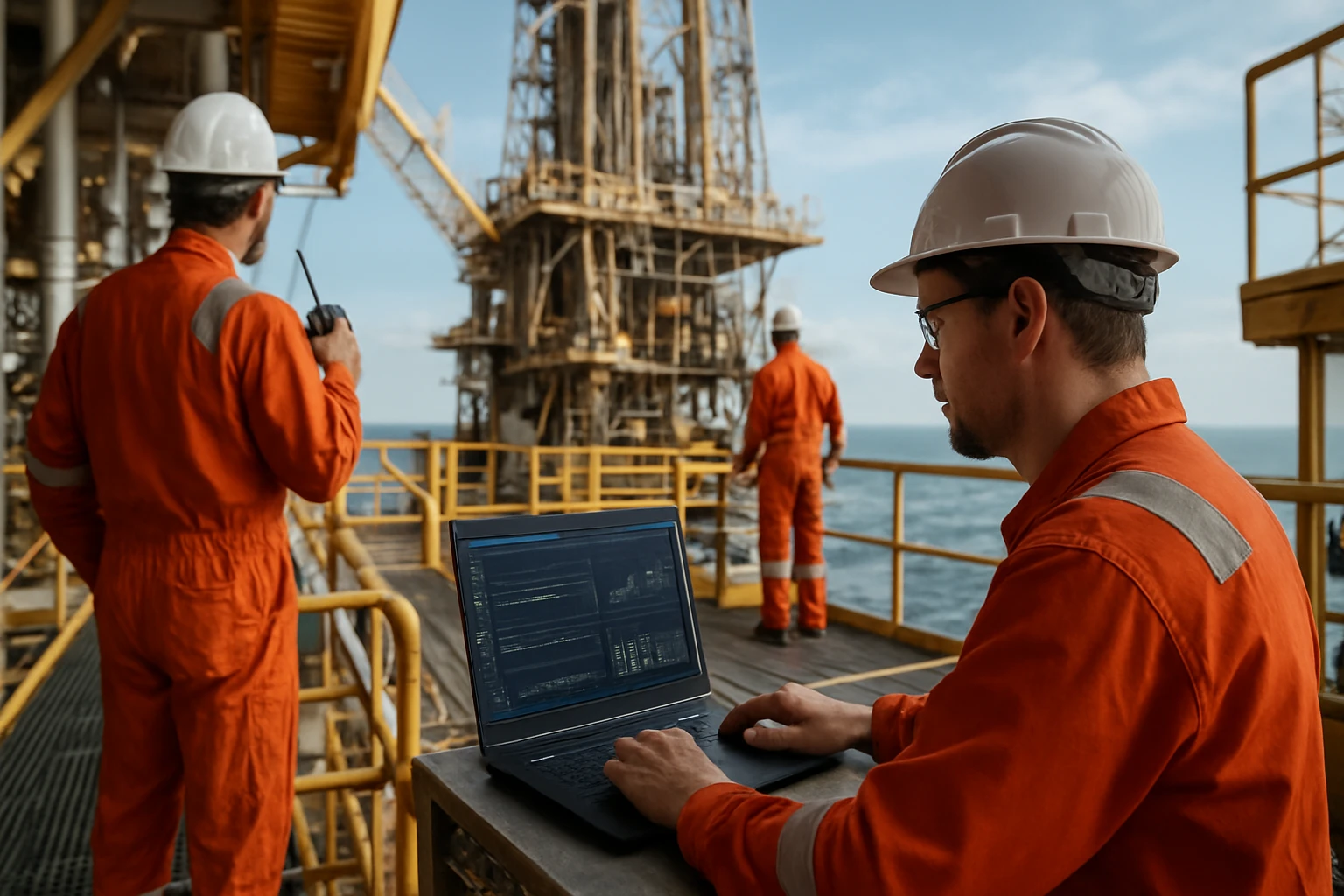 Pracovníci na ropnej plošine sledujúci technologické procesy.